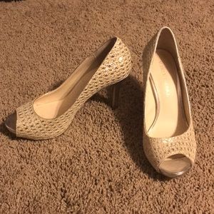 Audrey Brooke silver and gold peep toe heels